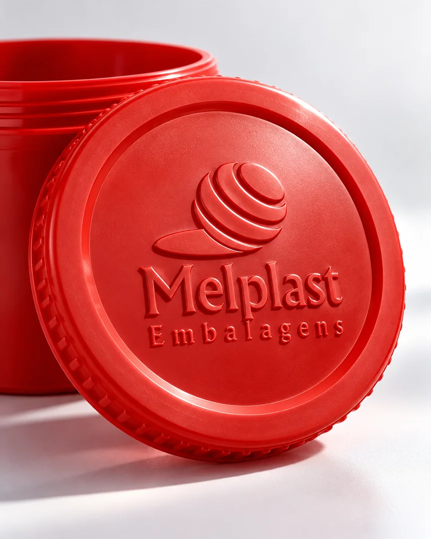 Tampa com a marca Melplast em relevo